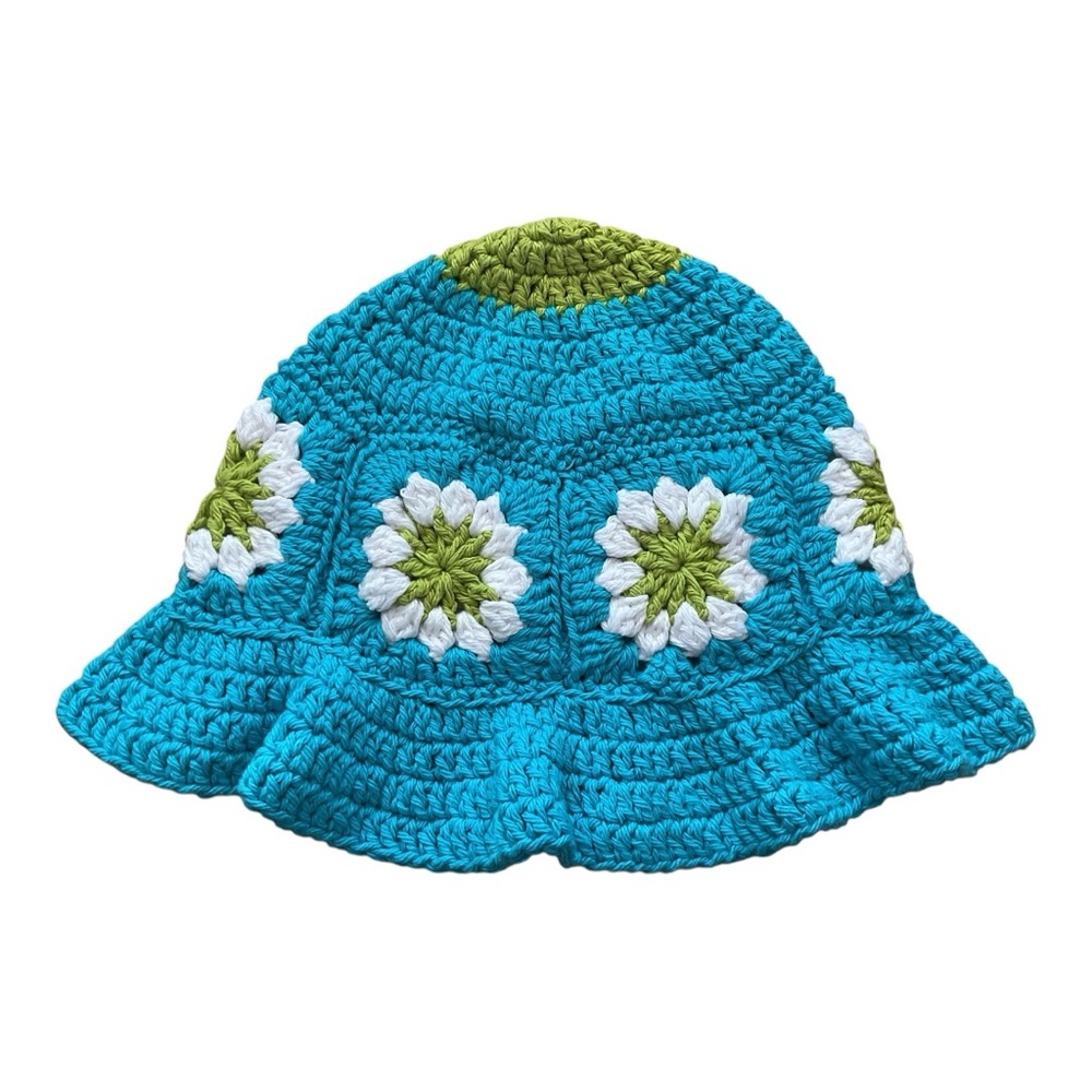 New Handmade Crocheted Blue and Green Granny Square Bucket Hat, 100% Cotton